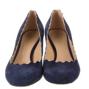 Chloé Lauren Suede Scalloped Accent Pumps Navy Blue (9)